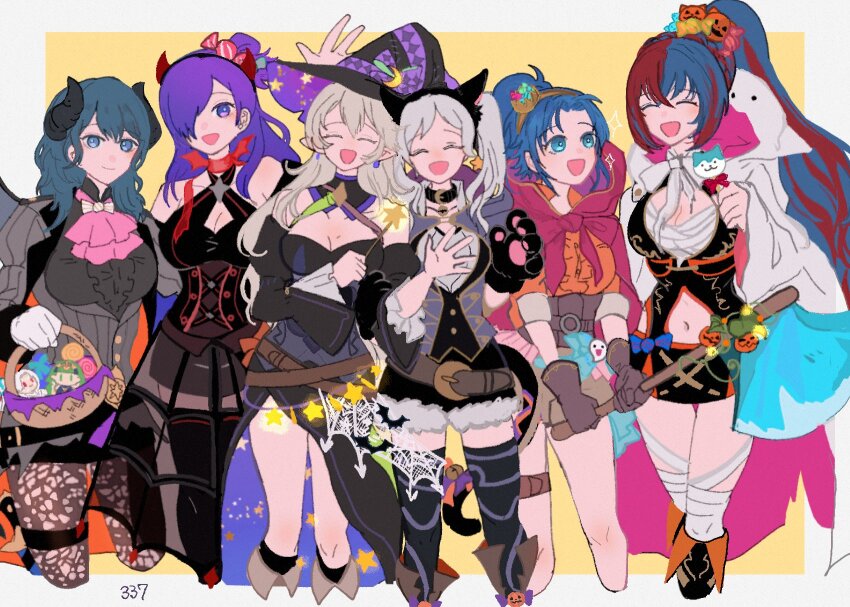 6+girls alear_(female)_(fire_emblem) alternate_costume axe blue_hair breasts candy cleavage cloak corrin_(female)_(fire_emblem) corrin_(female)_(halloween)_(fire_emblem) cosplay dress female_byleth_(fire_emblem) female_kris_(fire_emblem) female_robin_(fire_emblem) female_shez_(fire_emblem) fire_emblem fire_emblem:_new_mystery_of_the_emblem fire_emblem:_three_houses fire_emblem_awakening fire_emblem_engage fire_emblem_fates fire_emblem_heroes fire_emblem_warriors:_three_hopes food grey_hair halloween halloween_bucket halloween_costume hat highres horns in-franchise_crossover looking_at_viewer male_byleth_(fire_emblem) male_byleth_(fire_emblem)_(cosplay) medium_breasts multicolored_hair multiple_girls nintendo official_alternate_costume open_mouth purple_hair sasaki_(dkenpisss) short_shorts shorts smile split-color_hair thighs witch_hat