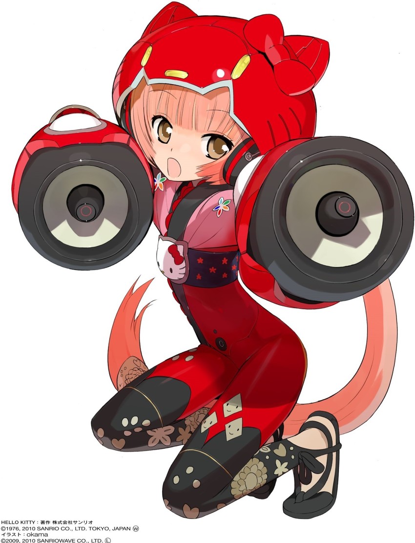 1girl black_legwear blunt_bangs bodysuit bow bowtie brown_eyes character_badge cherry_blossom_print facial_mark floral_print hello_kitty hello_kitty_(character) helmet highres japanese_clothes kimono long_hair nekomura_iroha obi official_art okama open_mouth pink_hair pink_kimono ponytail red_bodysuit red_bow red_headwear sanrio sash solo speaker squatting very_long_hair vocaloid whisker_markings
