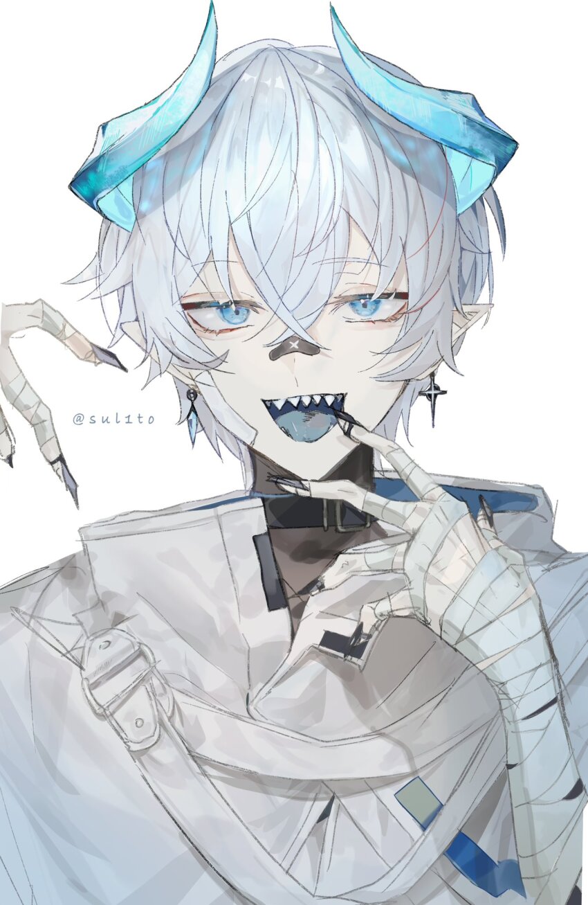 1boy :d bandage_on_cheek bandage_on_nose bandaged_arm bandages bishounen black_nails blue_eyes blue_tongue choker colored_tongue cross cross_earrings demon_boy demon_horns double-parted_bangs earrings fingernails high_collar highres horns jacket jewelry looking_at_viewer open_mouth pale_skin pointy_ears senz_(second_costume) senz_(vtuber) sharp_fingernails sharp_teeth signature smile solo straight-on teeth tsukikaze_aki upper_body virtual_youtuber white_background white_hair white_jacket