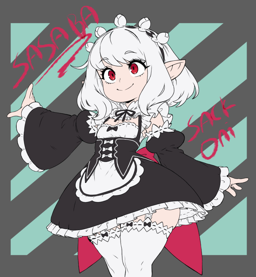 1girl apron artist_name black_dress black_hairband breasts character_name closed_mouth commission detached_sleeves dress eyebrows_hidden_by_hair final_fantasy final_fantasy_xiv garter_belt hairband highres lalafell looking_ahead maid medium_hair pointy_ears red_eyes red_ribbon ribbon sackoni small_breasts smile solo thighhighs waist_apron waist_ribbon warrior_of_light_(ff14) white_apron white_hair white_thighhighs