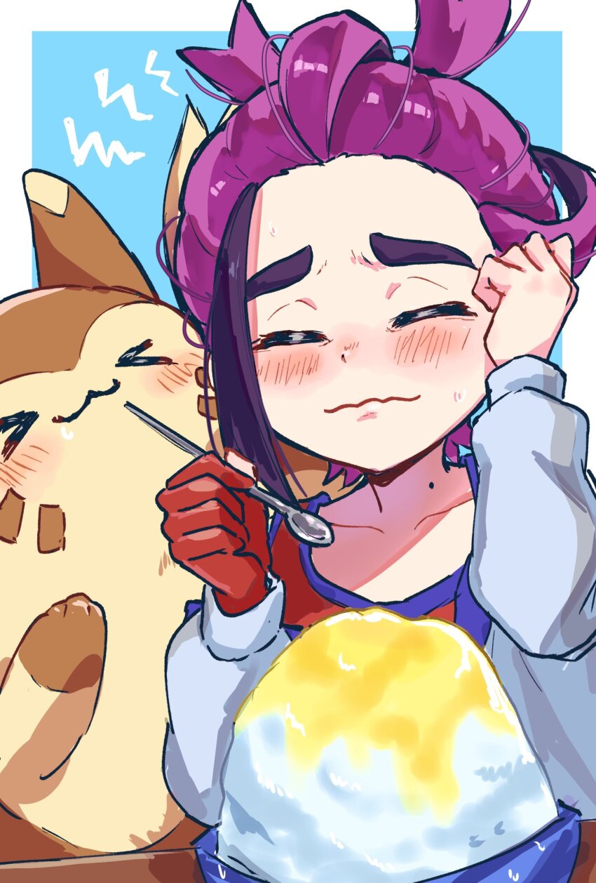 &gt;_&lt; 1boy :3 black_hair blush brain_freeze closed_eyes closed_mouth commentary_request enudesuga food furret gen_2_pokemon gloves highres holding holding_spoon jacket kieran_(pokemon) long_sleeves male_focus multicolored_hair nintendo off_shoulder partially_fingerless_gloves pokemon pokemon_(creature) pokemon_sv purple_hair red_gloves shaved_ice single_glove spoon upper_body wavy_mouth white_jacket
