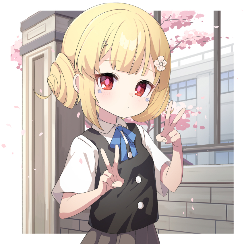 1girl ame. artistic_error azur_lane black_vest blonde_hair blue_bow bow branch brick_wall building closed_mouth collared_shirt commentary_request day double_bun double_v eldridge_(after-school_good_girl)_(azur_lane) eldridge_(azur_lane) flower grey_skirt hair_bun hair_flower hair_ornament highres looking_at_viewer pleated_skirt railing red_eyes shirt short_sleeves skirt solo v vest white_flower white_shirt window