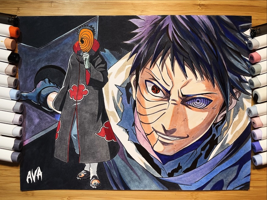 1boy akatsuki_uniform art_tools_in_frame black_coat black_gloves black_hair coat commentary draw_with_aid english_commentary facial_mark gloves grey_gloves grin heterochromia holding holding_mask holding_weapon making-of_available male_focus marker_(medium) mask masked_madara mismatched_pupils mismatched_sclera naruto_(series) naruto_shippuuden photo_(medium) red_eyes rinnegan sandals sharingan signature smile tobi_(naruto) traditional_media uchiha_obito weapon