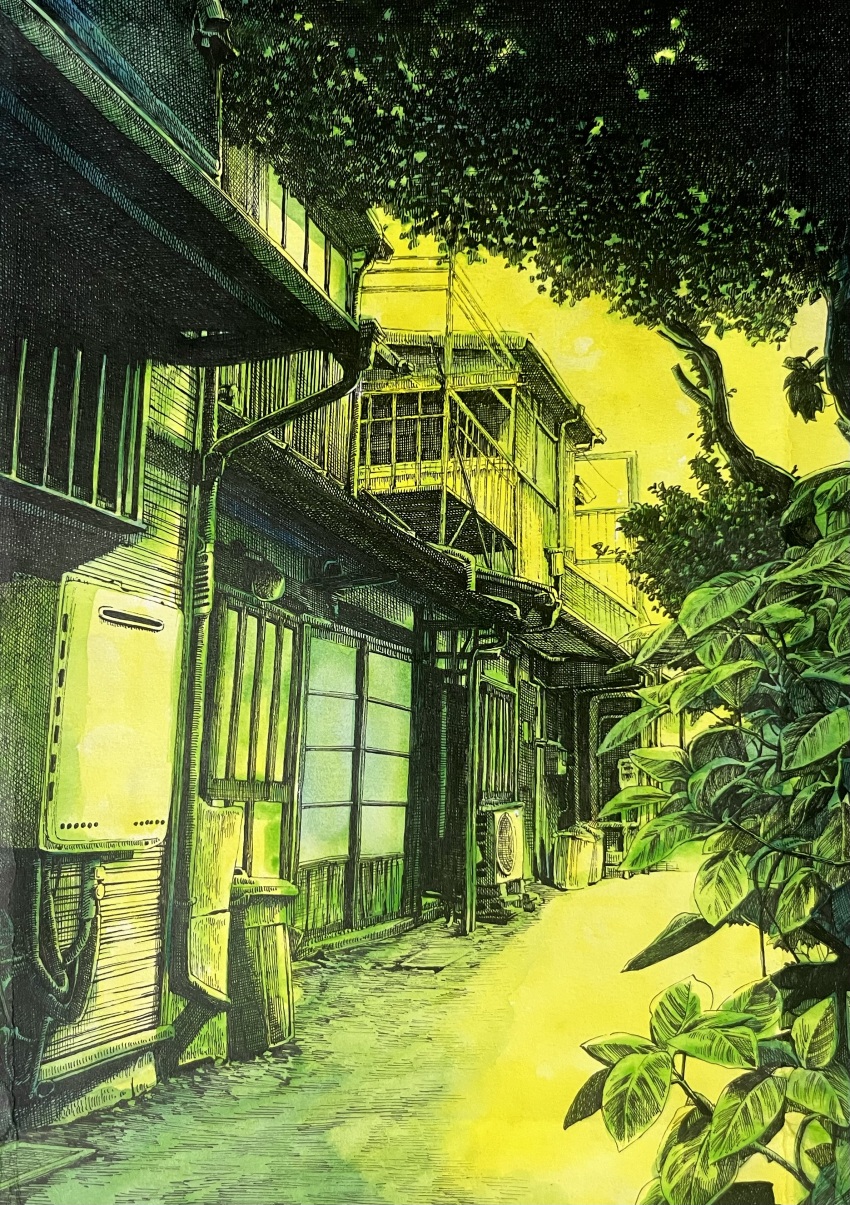 absurdly_detailed_composition absurdres alley architecture balcony building complex_exterior crosshatching east_asian_architecture green_theme hatching_(texture) highres ibsukionsen leaf linear_hatching monochrome no_humans original outdoors plant railing road scenery shouji sliding_doors traditional_media trash_can tree window