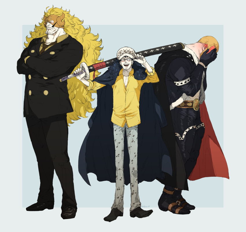 3boys absurdres beard big_hair blonde_hair blush boots closed_eyes closed_mouth collared_shirt cosplay covered_face crossed_arms diez_barrels embarrassed facial_hair facing_viewer formal_clothes full-face_blush full_body gloves hands_on_own_face hat height_difference highres holding holding_sword holding_weapon jacket long_hair long_sleeves male_focus mature_male multiple_boys mustache necktie one_piece open_mouth over_shoulder pants sanji_(one_piece) sanji_(one_piece)_(cosplay) scabbard sheath sheathed shirt shiso_i4 shoes short_hair sideburns smile standing suit suit_jacket sword thigh_boots thighhighs trafalgar&#039;s_father_(one_piece) trafalgar_law trafalgar_law_(cosplay) very_long_hair very_short_hair vinsmoke_judge weapon weapon_over_shoulder wing_collar x_drake x_drake_(cosplay)