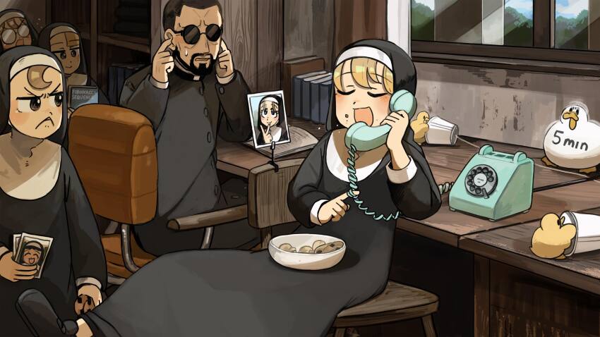 1boy 4girls :d antique_phone beard bird black_hair blonde_hair book bowl brown_hair chair chicken chocolate_chip_cookie closed_eyes clumsy_nun_(diva) commentary cookie corded_phone curly_nun_(diva) diva_(hyxpk) duck duckling english_commentary eyelashes_nun_(diva) facial_hair father_(diva) food froggy_nun_(diva) glasses glasses_nun_(diva) highres holding holding_photo little_nuns_(diva) multiple_girls nun opaque_glasses open_mouth phone photo_(object) rotary_phone round_eyewear smile spicy_nun_(diva) sunglasses traditional_nun
