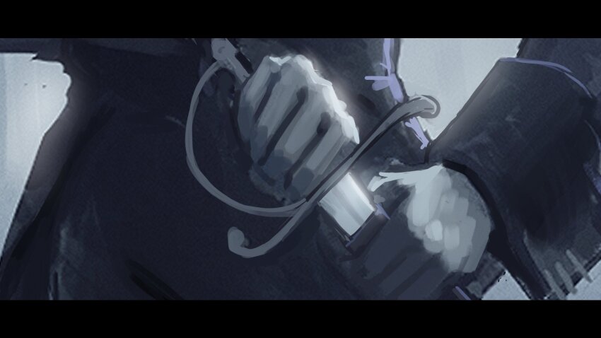 1girl black_border black_shirt black_sleeve_cuffs border close-up gloves hand_on_hilt highres holding holding_sheath letterboxed long_sleeves original saber_(weapon) scabbard sheath shirt solo sword unsheathing vertigris weapon weapon_focus white_gloves