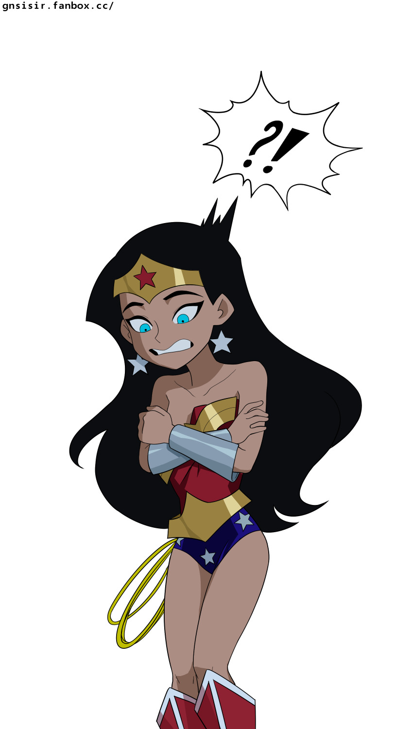 ! !? 1girl absurdres accidental_exposure aged_down bare_shoulders black_hair blue_eyes boots bracer breasts dc_comics dcau earrings embarrassed feet_out_of_frame female_focus gnsisir highres jewelry justice_league justice_league_unlimited lasso leotard loli long_hair simple_background small_breasts solo spoken_exclamation_mark standing star_(symbol) superhero_costume tiara toon_(style) wardrobe_malfunction wonder_woman wonder_woman_(series)