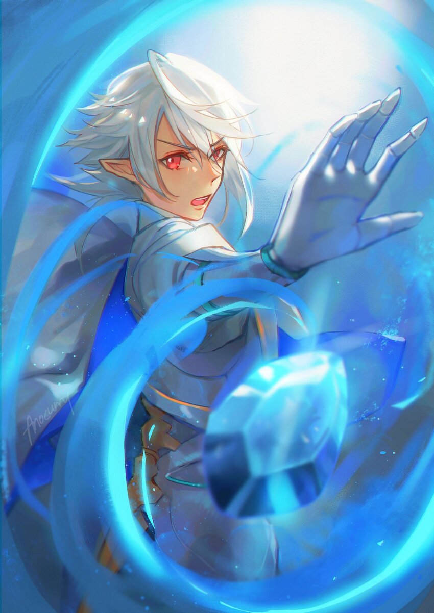 1boy anocurry male_corrin_(fire_emblem) fire_emblem fire_emblem_fates floating floating_object gem highres looking_at_viewer male_focus nintendo open_mouth pointy_ears red_eyes upper_body white_hair