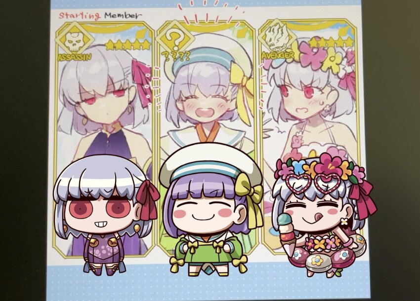 bare_shoulders bikini blush bow breasts closed_eyes collar detached_sleeves dress earrings fate/grand_order fate_(series) flower_wreath green_kimono grey_hair grin hair_ribbon hat head_wreath indian_clothes japanese_clothes jewelry kama_(fate) kama_(first_ascension)_(fate) kama_(swimsuit_avenger)_(fate) kama_(swimsuit_avenger)_(first_ascension)_(fate) kazuradrop_(fate) kazuradrop_(first_ascension)_(fate) kimono kimono_dress long_sleeves looking_at_viewer lotus_print metal_collar open_mouth pelvic_curtain purple_dress purple_hair purple_sleeves purple_thighhighs red_eyes redrop ribbon riyo_(lyomsnpmp) school_hat short_hair small_breasts smile swimsuit teeth thighhighs white_hair white_hat wide_sleeves yellow_bow