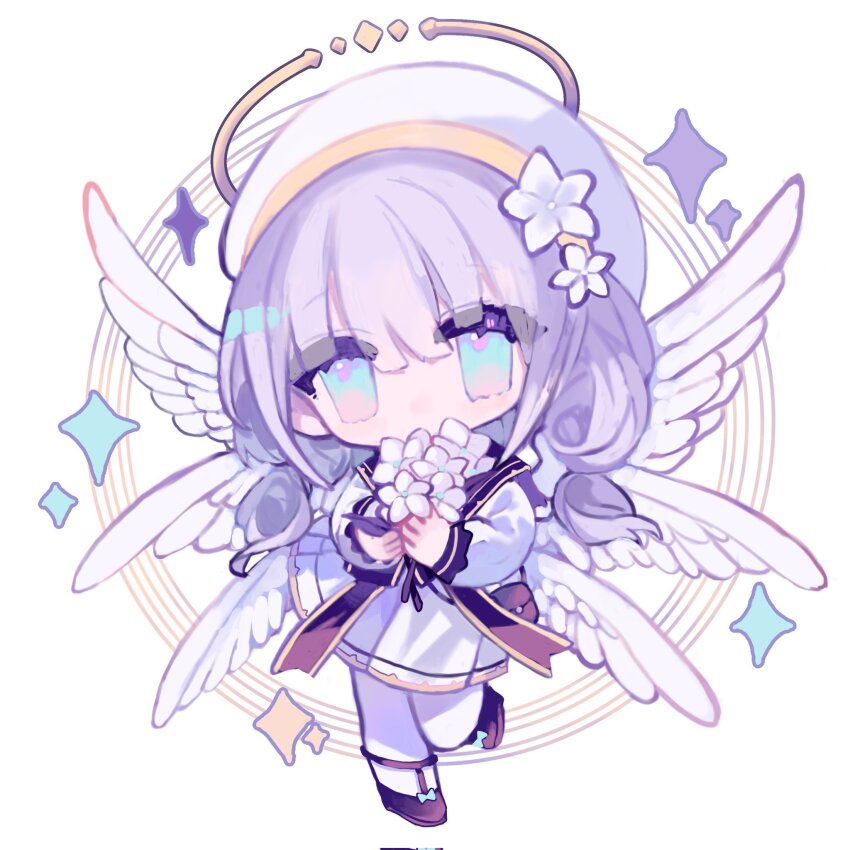 angel angel_wings blue_eyes blush bow cateameow chibi dress feathered_wings flower full_body hair_between_eyes hair_flower hair_ornament halo highres long_hair long_sleeves low_twintails maimai_(game) pleated_dress sailor_collar sailor_dress solo twintails white_dress white_sailor_collar white_wings wings yurisaki_mika_(maimai)