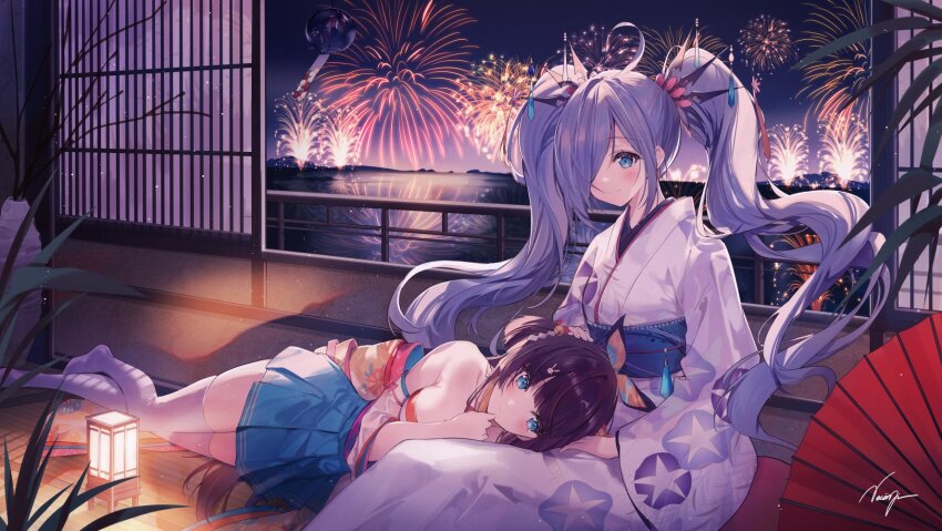 2girls aerial_fireworks ahoge blue_eyes blue_sash blue_skirt blush breasts character_request closed_mouth commentary_request fireworks floral_print floral_print_kimono hair_ornament hair_over_one_eye hair_ribbon hand_fan hand_on_another&#039;s_head highres houchi_shoujo indoors japanese_clothes kimono lap_pillow long_hair looking_at_another lying morning_glory_print multiple_girls necomi night night_sky obi on_side open_door orange_ribbon pleated_skirt print_kimono purple_hair rabbit_hair_ornament ribbon sash shouji signature skirt sky sliding_doors smile tears thighhighs twintails white_thighhighs