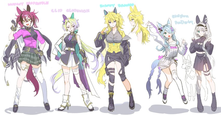 5girls absurdres alternate_costume animal_ears black_dress blonde_hair blue_hair bow breasts claude_clawmark doppio_dropscythe dress ear_ornament ear_ribbon elira_pendora genderswap gloves goth_fashion green_eyes grey_hair highres horse_ears horse_girl horse_tail kemonomimi_mode milkuriem multiple_girls nijisanji nijisanji_en pink_dress red_hair reference_sheet serious simple_background smile socks sonny_brisko tail umamusume virtual_youtuber white_dress