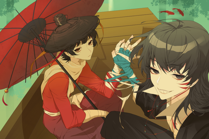 2boys bandaged_arm bandaged_hand bandages black_eyes black_hair black_hat black_jacket black_pants boat cabinc cen_boyao chinese_commentary closed_mouth commentary_request grin hat highres holding holding_hands holding_umbrella huayangshan_jishi jacket long_hair long_sleeves male_focus mole mole_under_each_eye mole_under_eye multiple_boys multiple_moles oil-paper_umbrella outdoors pants scarf shirt short_hair sitting smile umbrella watercraft white_scarf white_shirt zhao_yuwen