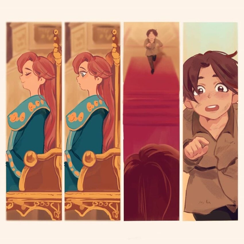 00in3 1boy 1girl aged_down anastasia_(1997) anya_(anastasia) aqua_dress brown_eyes brown_hair child closed_eyes commentary_request dimitri_(anastasia) dress korean_commentary long_hair looking_at_viewer open_mouth profile red_hair short_hair sitting standing