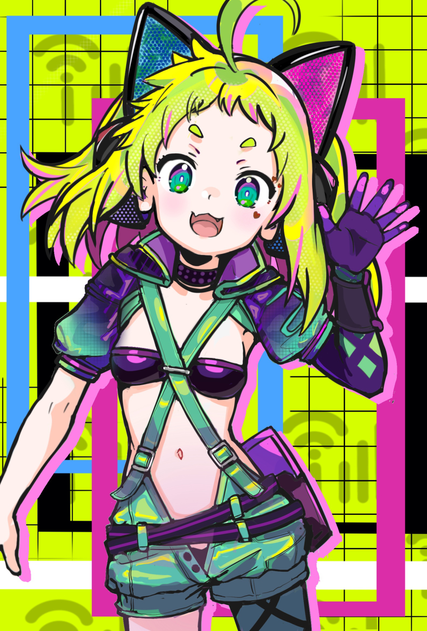 1girl :3 ahoge animal_ear_headphones animal_ears antenna_(dohna_dohna) blush breasts cat_ear_headphones criss-cross_suspenders dohna_dohna_issho_ni_warui_koto_o_shiyou fake_animal_ears gloves green_eyes headphones highres looking_at_viewer medium_hair nangong_(skarndrnjs) navel open_mouth shorts shrug_(clothing) single_glove small_breasts smile solo suspender_shorts suspenders waving