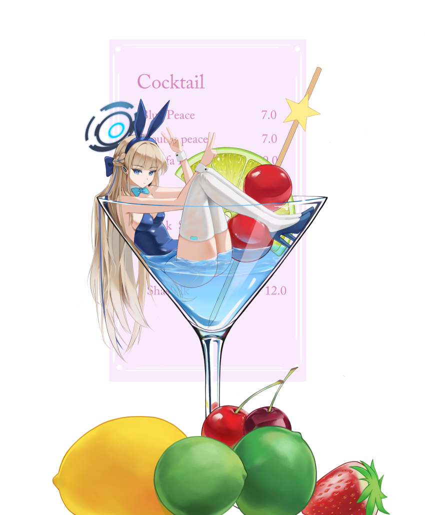 1girl absurdres alcohol animal_ears aqua_bow aqua_bowtie backless_leotard blonde_hair blue_archive blue_bow blue_eyes blue_footwear blue_halo blue_leotard blunt_bangs bow bowtie braid breasts cherry cocktail_glass cup detached_collar double_v drinking_glass dudwns earpiece expressionless fake_animal_ears food fruit hair_bow hair_intakes half_up_braid halo high_heels highres knees_up lemon lemon_slice leotard long_hair looking_at_viewer medium_breasts mini_person minigirl multicolored_hair official_alternate_costume oversized_object playboy_bunny rabbit_ears sideboob sidelocks simple_background sitting_on_liquid strapless strapless_leotard strawberry streaked_hair text_background thighhighs toki_(blue_archive) toki_(bunny)_(blue_archive) tsurime v very_long_hair white_background white_thighhighs wrist_cuffs