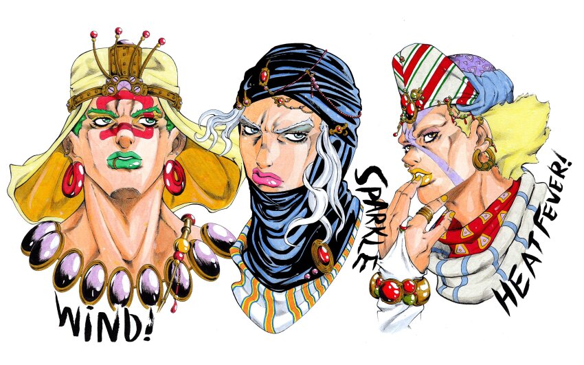 3boys araki_hirohiko_(style) battle_tendency blonde_hair bracelet bridal_gauntlets earrings esidisi facial_mark green_eyes green_hair green_lips grey_eyes hair_scarf hat highres jewelry jojo_no_kimyou_na_bouken kars_(jojo) kingkuma404 lip_piercing multiple_boys piercing pink_lips portrait ring scarf striped_clothes striped_scarf traditional_media upper_body wamuu white_background white_bridal_gauntlets white_hair yellow_hat