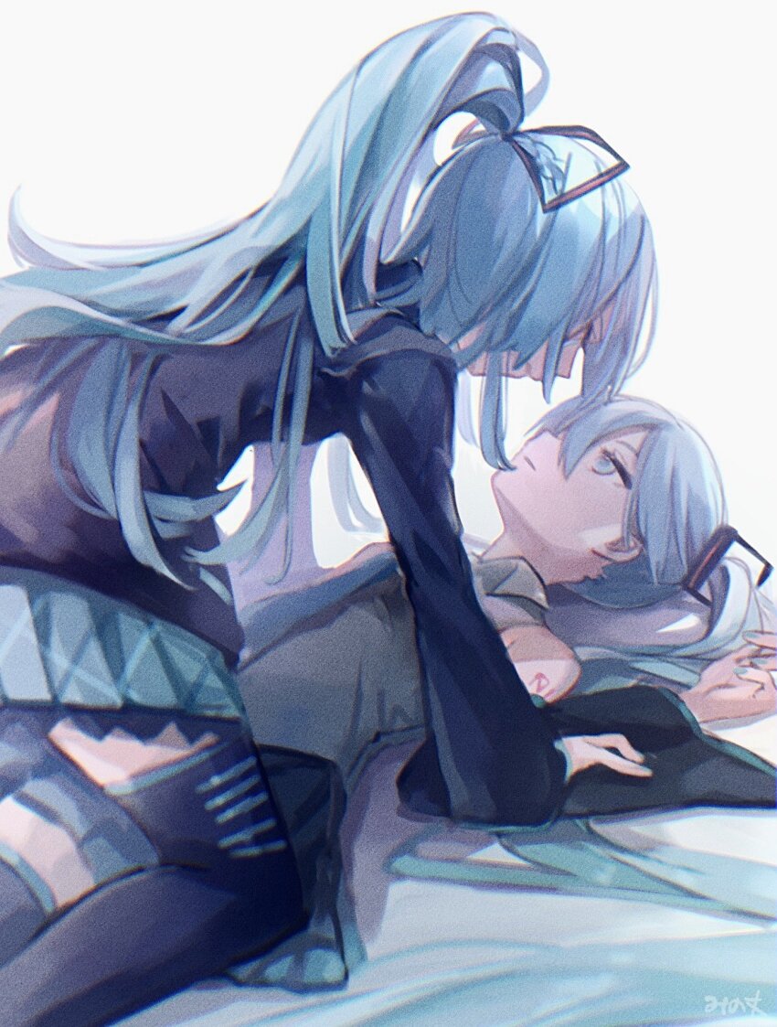 2girls aqua_eyes aqua_hair aqua_nails aqua_necktie aqua_skirt bare_shoulders black_shirt black_skirt black_sleeves black_thighhighs braid detached_sleeves dual_persona feet_out_of_frame film_grain grey_shirt hair_ornament hair_ribbon half-closed_eyes hatsune_miku hatsune_miku_(if) highres long_hair looking_at_another mi_no_take miniskirt multiple_girls nail_polish necktie pinned pleated_skirt ponytail ribbon shirt shoulder_tattoo skirt sleeveless sleeveless_shirt striped_ribbon tattoo thighhighs twintails very_long_hair vocaloid white_background yukadon zettai_ryouiki