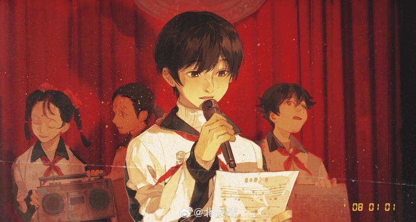 2boys 2girls absurdres black_eyes black_hair braid chinese_commentary closed_eyes collared_shirt commentary_request curtains expressionless facial_mark fingernails forehead forehead_mark hair_between_eyes happy highres holding holding_microphone holding_paper holding_radio indoors lace lace-trimmed_shirt lace_trim layered_sleeves light_particles long_sleeves looking_at_another looking_at_object male_focus mengxiaheqing microphone mole mole_on_cheek mole_on_nose multiple_boys multiple_girls multiple_moles music neckerchief original paper ponytail red_eyes red_neckerchief school_uniform sheet_music shirt short_hair singing smile sweater sweater_under_shirt timestamp turtleneck turtleneck_sweater twin_braids upper_body watermark weibo_watermark white_shirt white_sweater