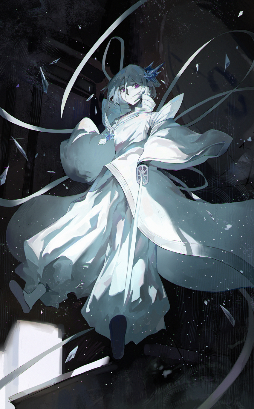 1girl absurdres bankai bleach full_body hair_between_eyes hair_ornament highres ice japanese_clothes kimono kuchiki_rukia long_hair looking_at_viewer pale_skin red_eyes shinigami short_hair sode_no_shirayuki solo sword weapon white_hair zzz_zhi_he