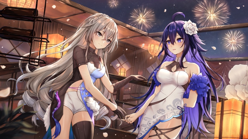 2girls ahoge alternate_costume asymmetrical_gloves bare_shoulders black_gloves black_thighhighs bronya_zaychik bronya_zaychik_(heart_of_the_night) bronya_zaychik_(silverwing:_n-ex) china_dress chinese_clothes closed_mouth covered_navel crossed_bangs dress drill_hair fireworks gloves grey_eyes grey_hair highres honkai:_star_rail honkai_(series) honkai_impact_3rd long_hair looking_at_another multiple_girls outdoors parted_lips purple_eyes purple_hair seele_(honkai:_star_rail) short_sleeves single_thighhigh smile standing thighhighs uneven_gloves white_dress yutian_alice