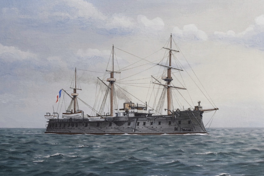 absurdres acrylic_paint_(medium) atelier_bono colbert_(ironclad) french_flag french_navy highres mast military_vehicle no_humans ocean original painting_(medium) ship sky smokestack traditional_media vehicle_focus warship watercraft