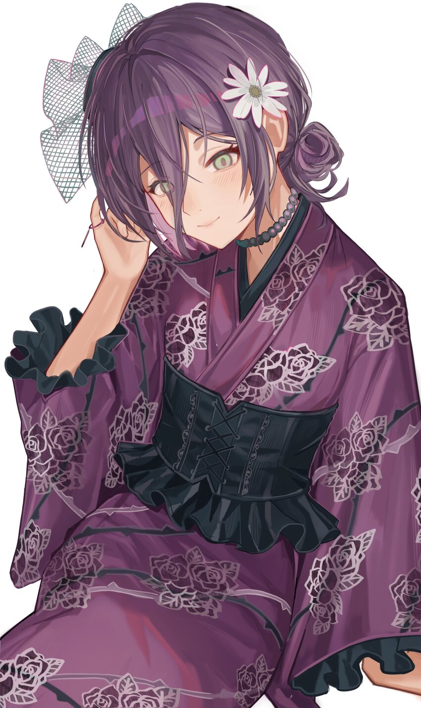 1girl absurdres alternate_costume black_corset chainsaw_man choker closed_mouth corset flower green_eyes hair_between_eyes hair_bun highres japanese_clothes kimono purple_choker purple_hair purple_kimono reze_(chainsaw_man) shuilantao simple_background smile solo white_background white_flower