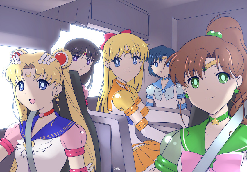 5girls :d aino_minako bishoujo_senshi_sailor_moon black_hair blonde_hair blue_bow blue_choker blue_eyes blue_hair blue_sailor_collar bow brooch brown_hair choker circlet closed_mouth crescent crescent_choker crescent_earrings double_bun earrings eternal_sailor_moon facial_mark forehead_mark green_choker green_eyes green_sailor_collar hair_bobbles hair_bun hair_ornament heart heart_choker highres himehachi_(hime8manga) hino_rei inner_senshi jewelry kino_makoto long_hair magical_girl miniskirt mizuno_ami multiple_girls open_mouth orange_choker orange_sailor_collar orange_skirt pink_bow pleated_skirt ponytail purple_eyes red_choker sailor_collar sailor_jupiter sailor_mars sailor_mercury sailor_moon sailor_senshi_uniform sailor_venus seatbelt shirt short_hair sitting skirt smile split_mouth star_(symbol) star_choker star_earrings super_sailor_jupiter_(stars) super_sailor_mars_(stars) super_sailor_mercury_(stars) super_sailor_venus_(stars) tsukino_usagi twintails vehicle_interior white_shirt wing_brooch yellow_brooch
