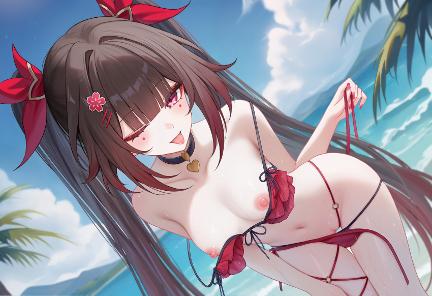 1girl ;p absurdres alternate_costume beach bikini black_bikini black_choker black_hair blue_sky breasts cc_lin choker cleft_of_venus cloud commentary_request day facial_mark hair_ornament highres honkai:_star_rail honkai_(series) layered_bikini leaning_forward long_hair navel nipples ocean one_eye_closed open_clothes outdoors paid_reward_available purple_eyes pussy red_bikini sky small_breasts solo sparkle_(honkai:_star_rail) stomach swimsuit tongue tongue_out twintails uncensored untied_bikini variant_set very_long_hair