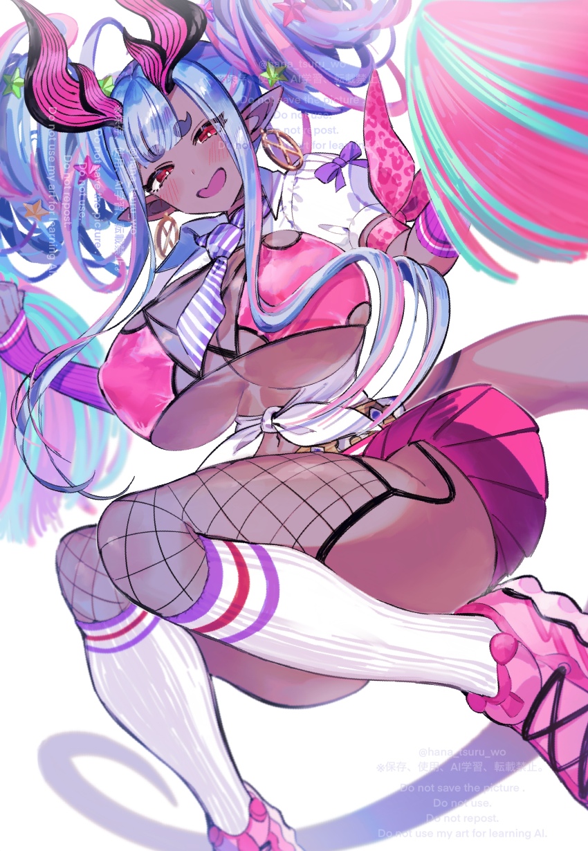1girl absurdres belt bikini blue_hair blush breasts choker cleavage collared_shirt colored_skin detached_sleeves double_bun earrings fate/grand_order fate_(series) fishnet_thighhighs fishnets grey_skin hair_between_eyes hair_bun hair_ornament highres hoop_earrings horns ibuki_douji_(fate) ibuki_douji_(swimsuit_berserker)_(fate) ibuki_douji_(swimsuit_berserker)_(second_ascension)_(fate) jewelry large_breasts long_hair looking_at_viewer miniskirt multicolored_hair navel necktie oni open_mouth pink_bikini pink_hair pink_skirt pleated_skirt pointy_ears pom_pom_(cheerleading) red_eyes shirt shoes short_sleeves sidelocks skirt smile sneakers socks solo star_(symbol) star_hair_ornament sugomori_tsuru_(hana_tsuru_wo) swimsuit tail thighhighs tied_shirt white_shirt