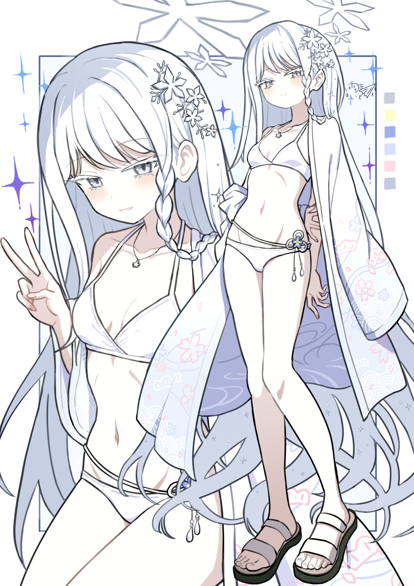 1girl absurdres amane_ito arms_behind_back bikini blue_archive blush braid breasts colored_eyelashes floral_print full_body grey_eyes hair_intakes hair_ornament halo haori highres japanese_clothes jewelry legs long_hair looking_at_viewer multiple_views nagusa_(blue_archive) nagusa_(swimsuit)_(blue_archive) navel necklace official_alternate_costume pale_skin sandals side_braid small_breasts smile snowflake_hair_ornament solo stomach straight_hair swimsuit v very_long_hair white_bikini white_eyelashes white_hair white_haori