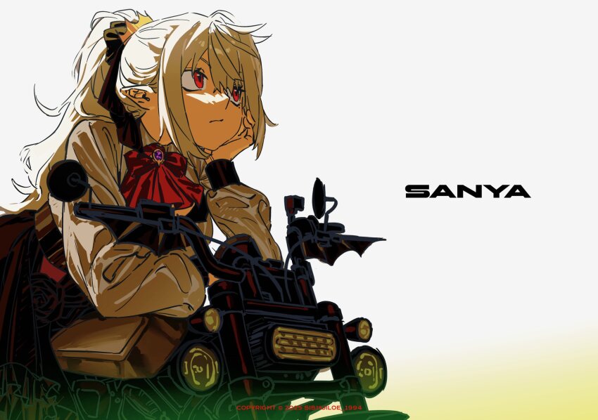 1girl :/ artist_name ascot black_ribbon black_skirt bored bow bowtie character_name collared_shirt copyright_notice crown dated dress_shirt gem grey_hair hair_between_eyes hair_ribbon hand_on_own_arm hand_on_own_cheek hand_on_own_face hashtag-only_commentary high-waist_skirt highres long_sleeves looking_to_the_side mini_crown mole mole_under_eye motor_vehicle motorcycle nijisanji on_motorcycle pointy_ears ponytail purple_gemstone red_ascot red_bow red_eyes ribbon sanpaku sanya_(kuzuha) shirt sidelocks sishuiloe_1994 skirt solo virtual_youtuber white_background white_shirt