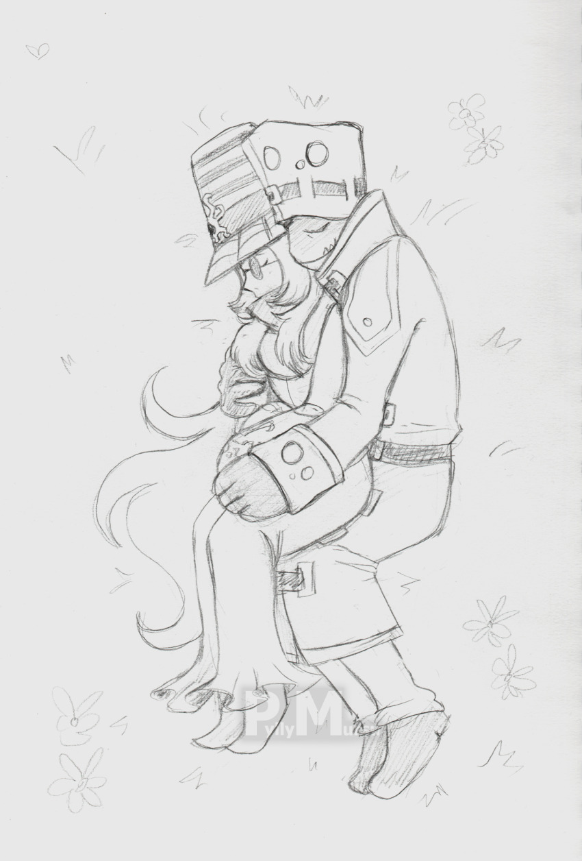 archnemon belt blue_hair digimon digimon_(creature) digimon_adventure_02 glasses hat highres long_hair monochrome mummymon sketch traditional_media yellow_eyes