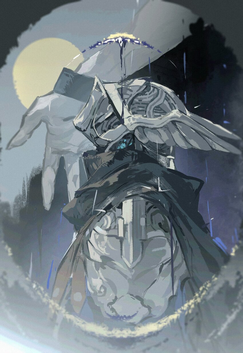 1boy armor black_background black_capelet blue_tunic capelet covered_face elden_ring elden_ring_nightreign helmet highres huixingweiqi looking_up moon pauldrons rain scale_armor shoulder_armor solo_focus tunic upper_body winged_helmet wylder_(elden_ring)