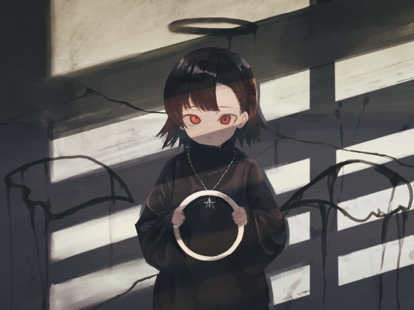 1girl black_hair daruma_karei drawn_halo drawn_wings female_focus halo halo_removed highres holding jewelry looking_at_viewer necklace original red_eyes solo star_(symbol) star_necklace sunlight