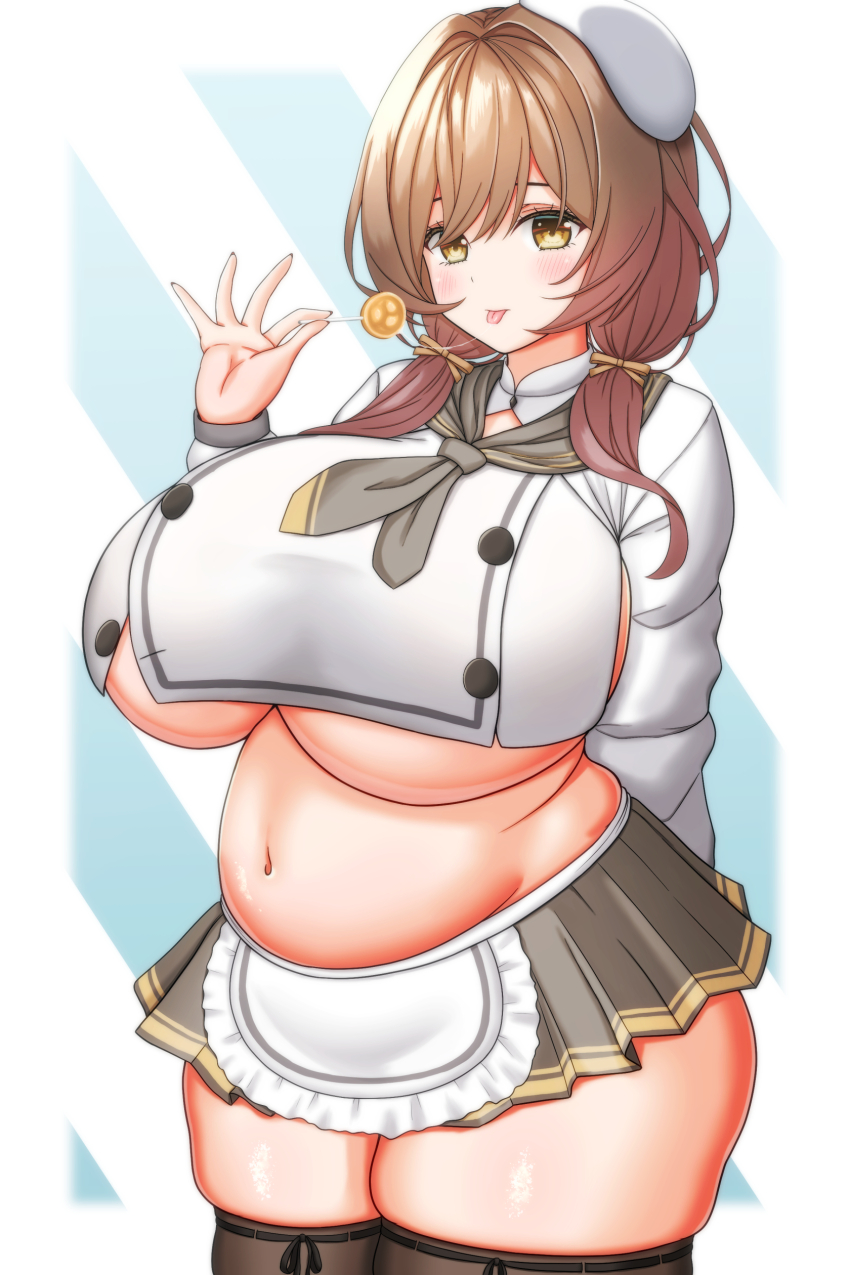 1girl :p absurdres apron arm_behind_back beret bready_(nikke) breasts brown_hair candy closed_mouth commentary_request curvy food goddess_of_victory:_nikke grey_neckerchief grey_skirt hat highres holding huge_breasts lollipop long_hair maid_apron miniskirt nabeshiita_(atsuryoku_nabe) navel neckerchief pleated_skirt plump shirt sidelocks skirt solo standing stomach tongue tongue_out underboob white_hat white_shirt
