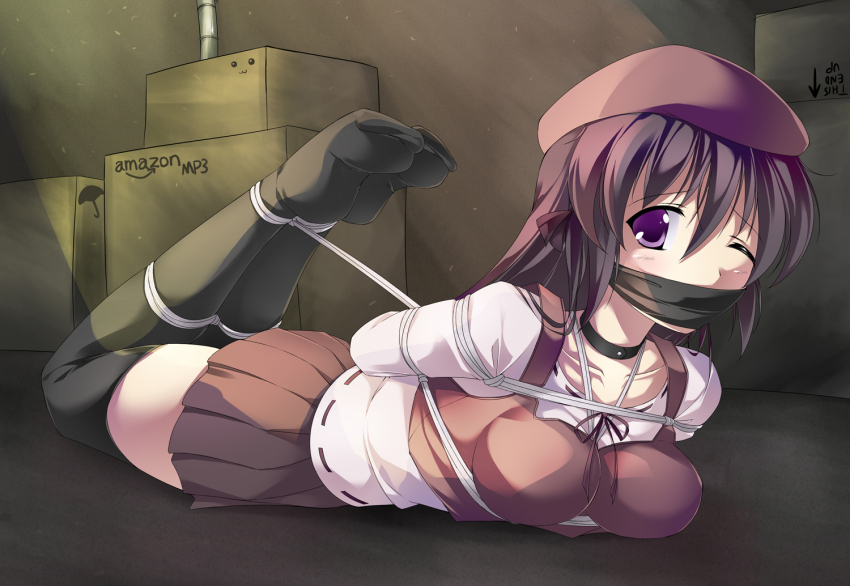 1girl arms_behind_back bdsm black_hair black_thighhighs bondage bound bound_ankles bound_arms bound_legs gag gagged hat hogtie long_hair maullarmaullar miniskirt purple_eyes restrained rope shibari shibari_over_clothes shihou_matsuri skirt sola solo thighhighs wince