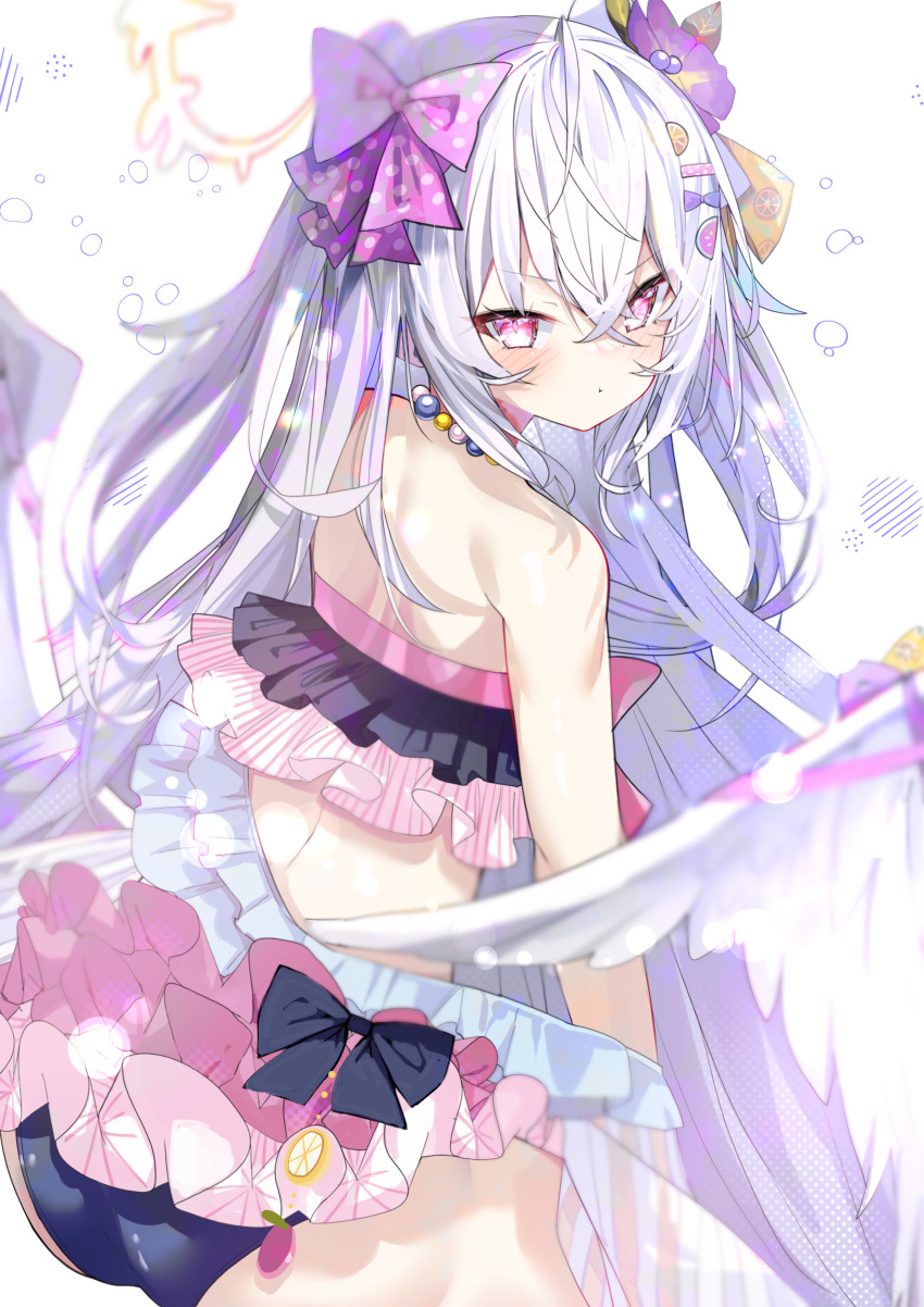 1girl absurdres ass azusa_(blue_archive) azusa_(swimsuit)_(blue_archive) bikini blue_archive blush feathered_wings flower frilled_bikini frills grey_hair hair_flower hair_ornament hair_ribbon halftone halo highres kamiya_mitobe looking_at_viewer looking_back multicolored_bikini pink_eyes ribbon solo swimsuit white_wings wings
