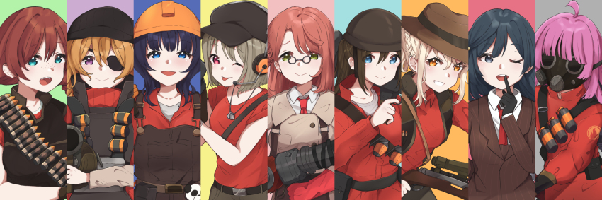 6+girls ammunition asaka_karin black_gloves blonde_hair blue_eyes brown_hair brown_suit collared_shirt cosplay demoman_(tf2) demoman_(tf2)_(cosplay) emma_verde engineer_(tf2) engineer_(tf2)_(cosplay) eyepatch formal_clothes gas_mask gloves gun heavy_(tf2) heavy_(tf2)_(cosplay) highres hito_(maruhito) konoe_kanata long_hair long_sleeves love_live! love_live!_nijigasaki_high_school_idol_club mask medic_(tf2) medic_(tf2)_(cosplay) miyashita_ai multiple_girls nakasu_kasumi necktie one_eye_closed open_mouth osaka_shizuku pink_hair pyro_(tf2) pyro_(tf2)_(cosplay) red_gloves red_shirt round_eyewear scout_(tf2) scout_(tf2)_(cosplay) shirt short_hair soldier_(tf2) soldier_(tf2)_(cosplay) spy_(tf2) spy_(tf2)_(cosplay) striped_suit suit team_fortress_2 tennoji_rina uehara_ayumu weapon white_shirt yuki_setsuna