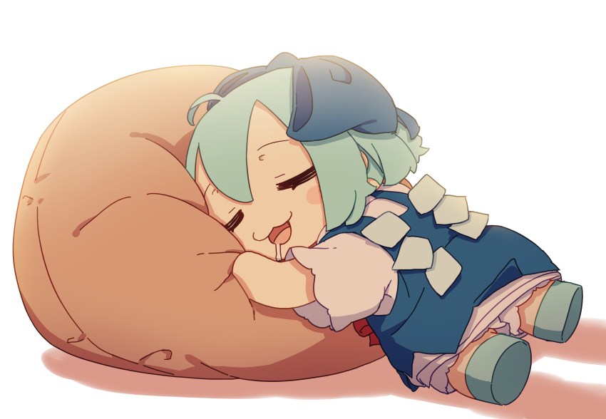 1girl absurdres ahoge blue_bow blue_dress blue_hair blue_shoes bow cirno closed_eyes dress drooling fairy fairy_wings fumo_(doll) hair_bow highres ice ice_wings kame_(kamepan44231) pillow red_ribbon ribbon saliva shirt shoes sleeping touhou white_shirt wings