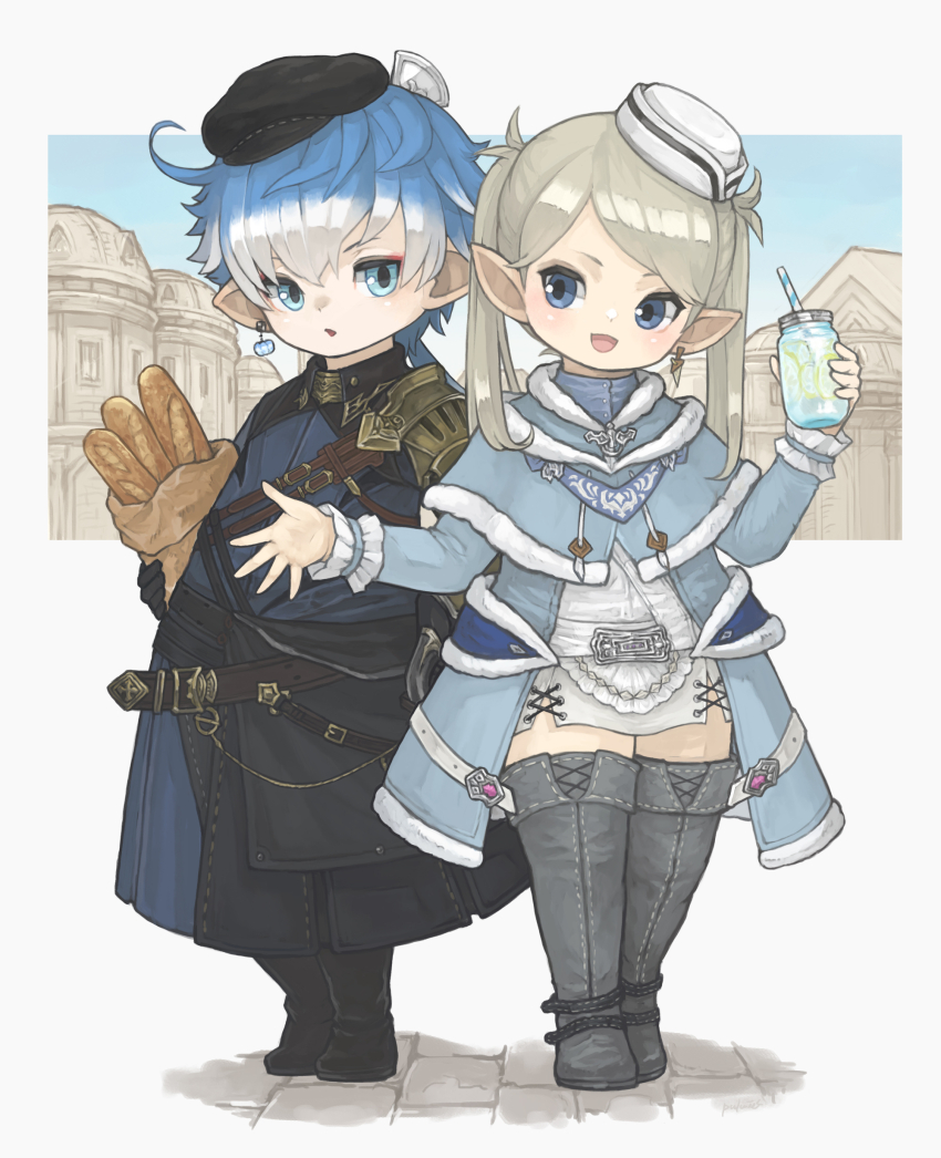 1boy 1girl absurdres bag baguette belt black_footwear blonde_hair blue_capelet blue_coat blue_eyes blue_hair blue_jacket boots bread capelet cityscape coat cobblestone commission drinking_straw earrings final_fantasy final_fantasy_xiv flat_cap flat_chest food full_body gauntlets grey_footwear hair_between_eyes hat highres holding holding_bag holding_jar jacket jar jewelry lalafell lemonade long_hair looking_at_another looking_at_viewer looking_to_the_side mini_hat multicolored_hair open_mouth pointy_ears puluie scrunchie shirt simple_background single_earring single_gauntlet skirt smile thigh_boots thighhighs two-tone_hair very_long_hair white_hair white_headwear white_shirt white_skirt wrist_scrunchie zettai_ryouiki