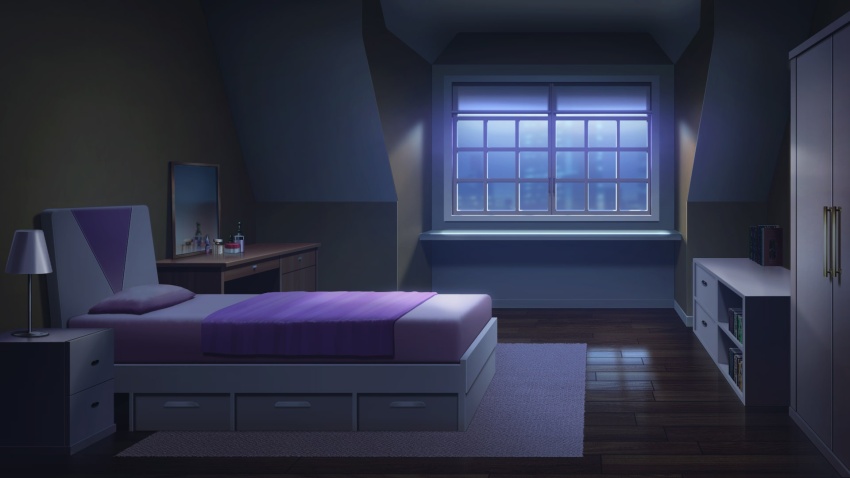 apartment bed bedroom blanket blurry blurry_background book bookshelf bottle cityscape dark desk_lamp drawer highres indoors lamp mirror night no_humans non-web_source official_art our_life:_beginnings_and_always perfume_bottle pillow purple_theme reflective_floor rug scenery table towel vanity_table variant_set wardrobe window window_blinds window_light wooden_floor