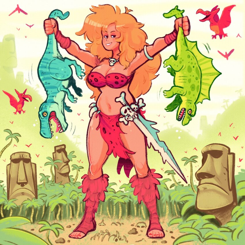 1girl blonde_hair blush bone bra breasts commentary dinosaur english_commentary giant giantess highres holding jewelry jungle large_breasts long_hair moai mostlyghostly nature navel necklace original outdoors palm_tree pterosaur red_bra red_nails size_difference skull_necklace skull_ornament sky smile sword tree tyrannosaurus_rex underwear weapon