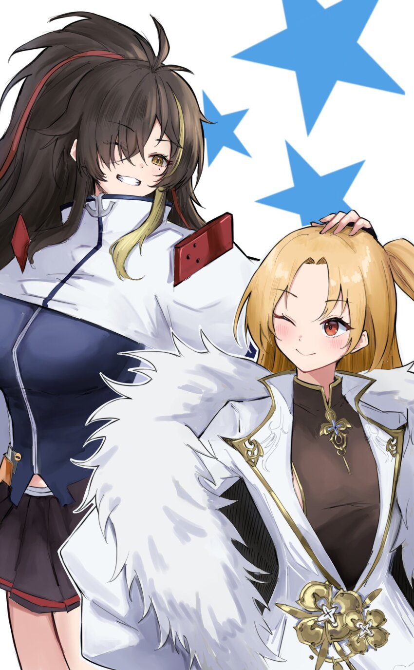 2girls azur_lane black_dress black_hair black_skirt blonde_hair blue_shirt blush capelet china_dress chinese_clothes cleveland_(azur_lane) closed_mouth commentary_request cosplay costume_switch dress fur_trim grin hand_on_another&#039;s_head harbin_(azur_lane) height_difference high_ponytail highres jacket mole mole_under_eye multiple_girls one_eye_closed one_side_up open_clothes open_jacket pleated_skirt ponytail red_eyes shirt skirt smile soul_(dp11) standing upper_body white_capelet white_jacket yellow_eyes
