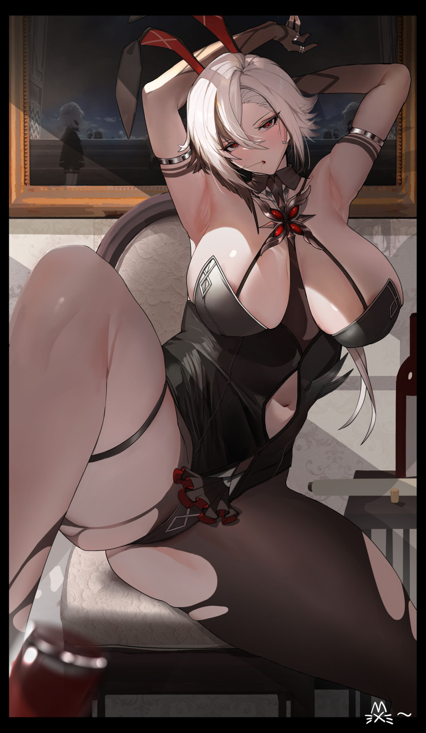 1girl absurdres alternate_costume animal_ears arlecchino_(genshin_impact) armpits arms_up bare_shoulders black_eyes black_hair black_leotard black_pantyhose bottle breasts chair chinese_commentary cleavage clothing_cutout commentary_request detached_collar fake_animal_ears feet_out_of_frame genshin_impact hair_between_eyes highres huge_breasts i_am_not_a_cat indoors jewelry leotard long_hair looking_at_viewer multicolored_hair multiple_rings navel navel_cutout pantyhose peruere_(genshin_impact) picture_frame playboy_bunny rabbit_ears red_pupils ring sitting solo spread_legs strapless strapless_leotard streaked_hair symbol-shaped_pupils two-tone_hair white_hair wine_bottle x-shaped_pupils