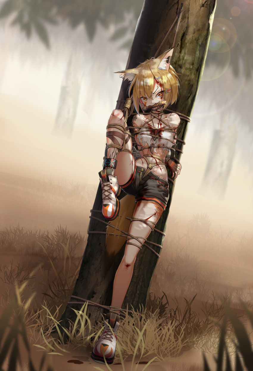 1girl absurdres animal_ear_fluff animal_ears arknights arms_behind_back bdsm bit_gag blonde_hair blood bondage bound bound_arms bound_legs breasts crop_top crotch_rope female_focus fingerless_gloves gag gagged gloves highres injury leg_up looking_at_viewer medium_hair navel orange_eyes restrained shibari shibari_over_clothes shinebell shoes shorts skindentation small_breasts sneakers solo standing standing_on_one_leg stomach tail torn_clothes tree vermeil_(arknights)