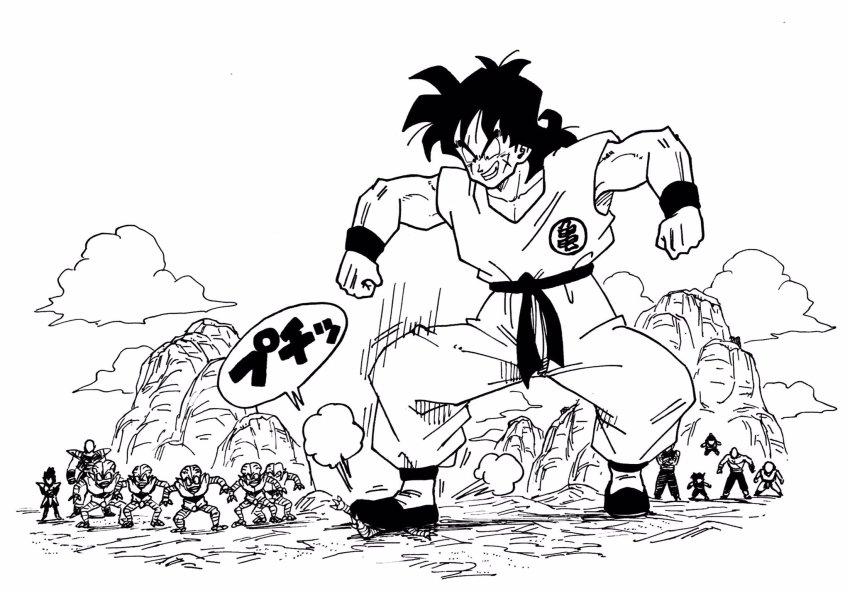 6+boys armor chaozu clenched_hands cloud dougi dragon_ball dragonball_z scar_on_face giant giant_male greyscale grin highres kuririn lee_(dragon_garou) long_hair male_focus monochrome motion_lines mountain multiple_boys muscular nappa piccolo saibaiman scar scar_on_cheek scar_on_face smile son_gohan stomping tenshinhan vegeta wristband yamcha