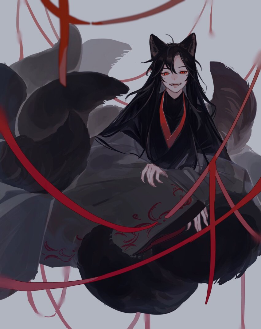 1boy animal_ears black_hair black_hanfu chinese_clothes coat fangs fox_boy fox_ears fox_tail full_body grey_background grey_coat hair_between_eyes hair_down hair_ribbon half_updo hanfu highres kemonomimi_mode kitsune kyuubi long_hair long_sleeves looking_at_viewer male_focus modao_zushi multiple_tails official_alternate_costume official_alternate_hairstyle open_mouth red_eyes red_ribbon ribbon simple_background smile solo tail wei_wuxian wei_wuxian_(yiling_laozu) whale_52hz_o
