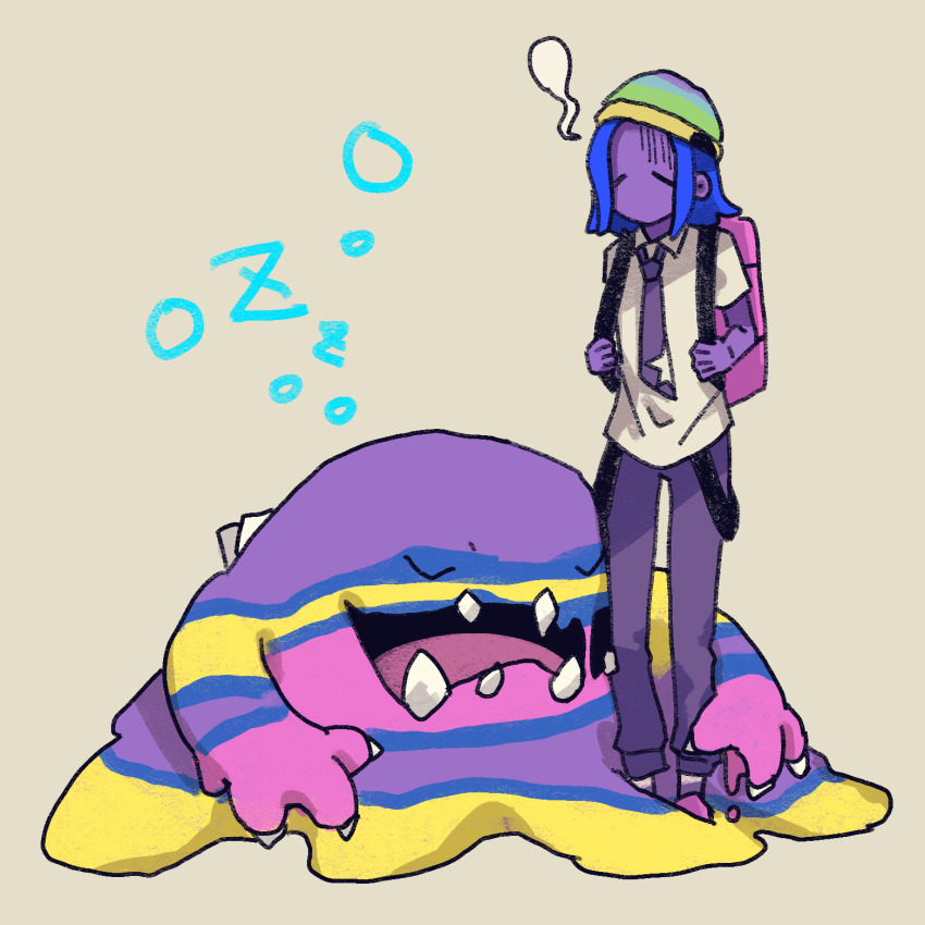 1boy alolan_form alolan_muk backpack bag beanie blue_hair closed_eyes collared_shirt colored_skin commentary_request gen_7_pokemon giving_up_the_ghost hat highres himurohiromu male_focus necktie nintendo pants pink_bag pokemon pokemon_(creature) pokemon_sv purple_necktie purple_pants purple_skin shirt short_sleeves socks standing zzz